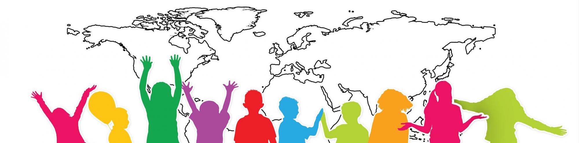 colorful children w/ outline of continents