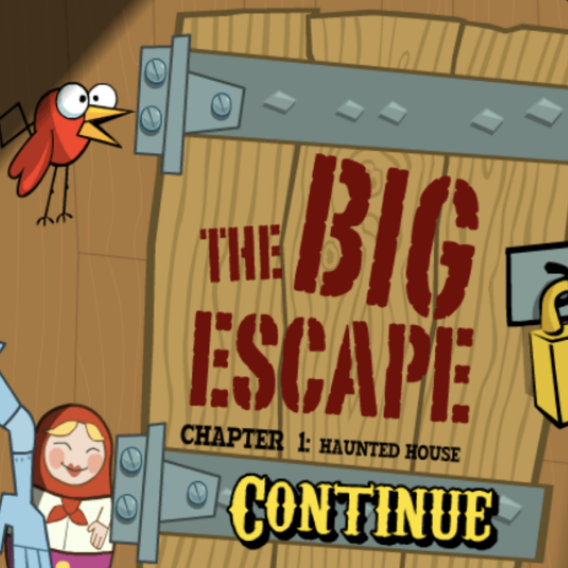 door and lock with big escape written. bird and toy on the side