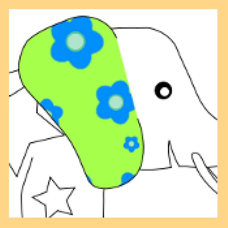 outline of elephant head - green ear with blue flowers 