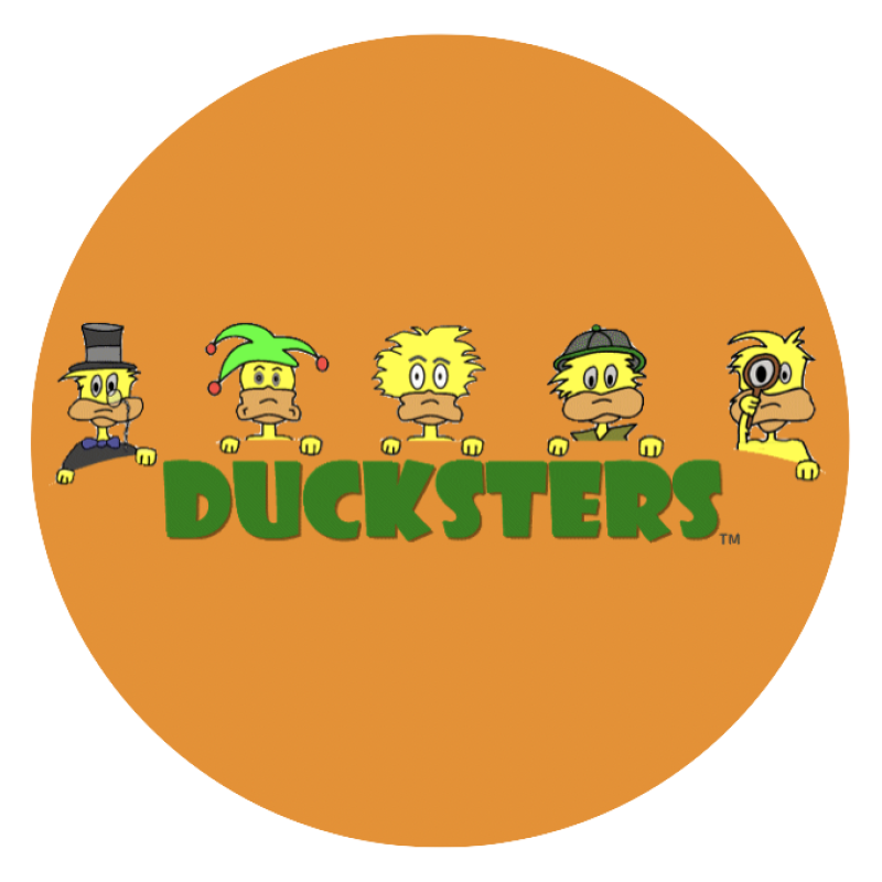 orange circle with 5 ducks and Ducksters word