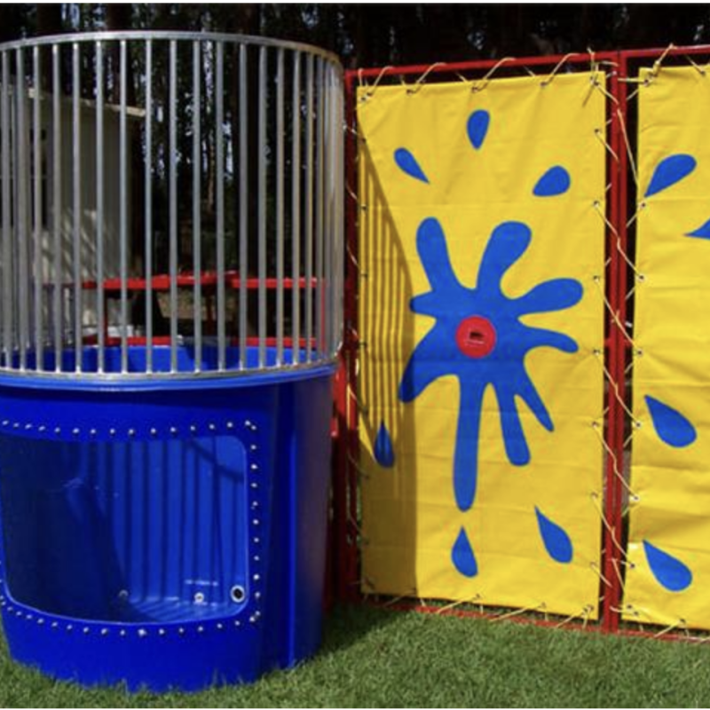 blue dunk tank with yellow back drop with splash