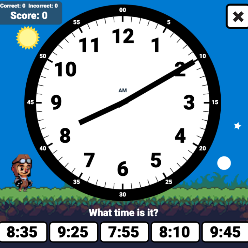 analog clock showing 8:10 small pilot character in corner