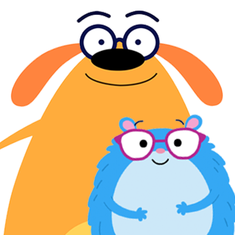 orange ruff ruffman dog with blue hamster wearing glasses