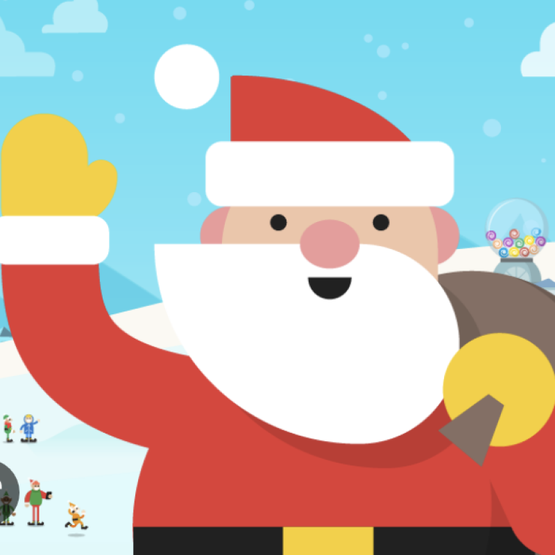 santa waving with yellow mittens